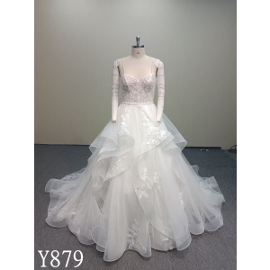 Y879 Cloud Dancer: Cascading Stardust Tulle Ballgown with Detached Sheer Sleeves