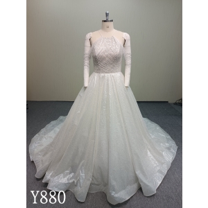 Y880 All-Over Shimmer Halter Gown - Detached Sleeves & Massive Sweeping Train