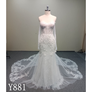 Y881 Enchanted Goddess: Draped Sheer Cape-Sleeves & 3D Floral Illusion Sweeping Train