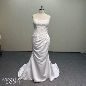 Y894 Plus Size Satin Gown with Full Lace Bodice and Pearl Button Down Back