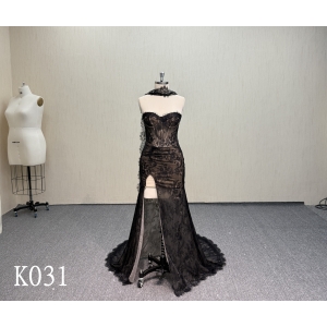 K031 Black Lace High Slit Bridal Gown with Sweetheart Neckline.