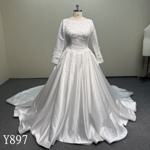Y897 Modest Muslim High Neck Lace Satin Wedding Dress.