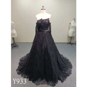 Y933 Romantic Dark Bridal Dress with Draped Sleeves and Floral Lace.