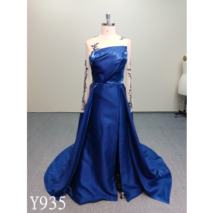 Y935 Long Sleeve Blue Wedding Dress with Button Back and Train.