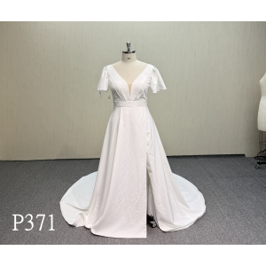 P371 Short Sleeve Deep V-Neck Satin Dress with Corset Back.