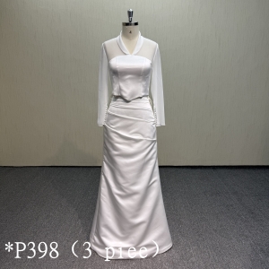 P398 Elegant 3-Piece Satin Wedding Dress with Sheer Tulle Overlay.