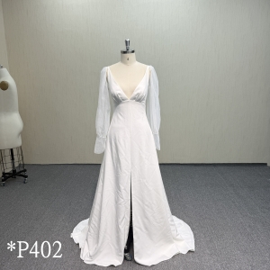 P402 Front Slit A-Line Satin Wedding Dress with Sweep Train.
