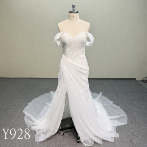 Y928 Sleeveless Off-Shoulder Dress with Beaded Bodice and Train.