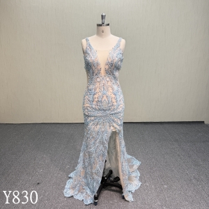 Y830 Sparkling Ice Blue Beaded Mermaid Evening Gown