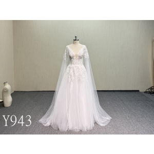 Y943 Sheer Tulle Cape Sleeve Bridal Gown.