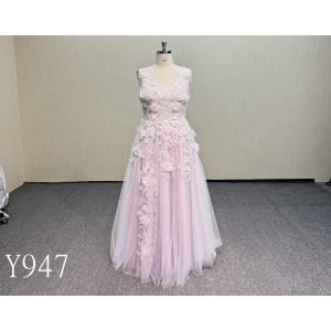 Y947 Flowy Blush Pink Tulle Skirt Dress with Lace Details.