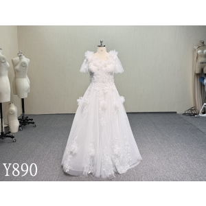 Y890 Chic V-Neck Sheer Sleeve Wedding Dress with 3D Lace Details.