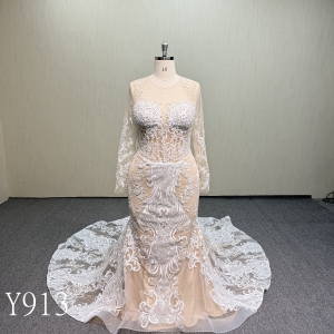 Y913 Elegant Long Sleeve Lace Mermaid Wedding Dress with Sweep Train.