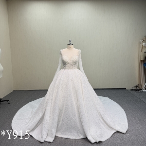 Y915 Long Sleeve Beaded Lace Ballgown with Sweep Train.