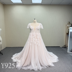 Y925 V-Neck Short Sleeve Tulle Dress with Pearl Button Back