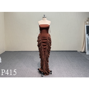 P415 Chocolate Brown Strapless Evening Dress with Lace-up Corset Back and Side Ruching