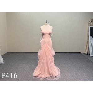 P416 Peach Pink Strapless Sweetheart Mermaid Dress with Draped Tulle Skirt