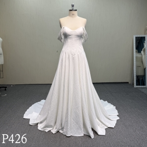 P426 Modern Textured A-Line Bridal Gown with Draped Off-Shoulder Sleeves and Lace-Up Corset Back
