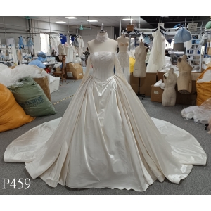 P459 Regal Lustrous Satin Princess Ballgown with Lace High Neck, Long Sleeves, and Basque Waist Corset