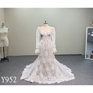 Y952  Champagne Fit-and-Flare Dress with Cathedral Lace Train.