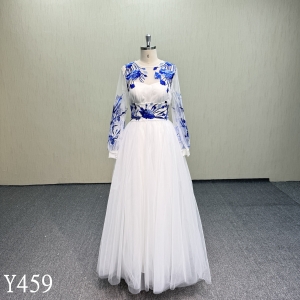 Y459 Long Sleeve Illusion Neckline Bridal Gown with Blue Appliques