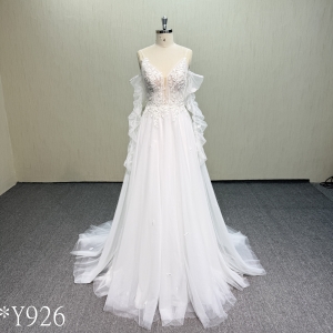 Y926  Plunging V-Neck Tulle Bridal Gown with Floral Lace Appliques
