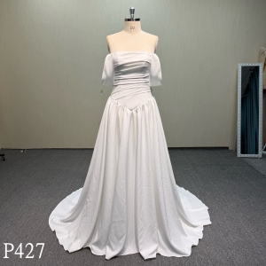 P427 Elegant Off-the-Shoulder Satin A-Line Wedding Dress.
