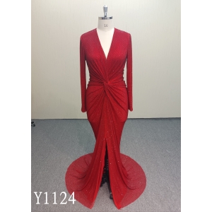 Y1124 Sparkly Red Mermaid Evening Gown with Long Sleeves and High Slit
