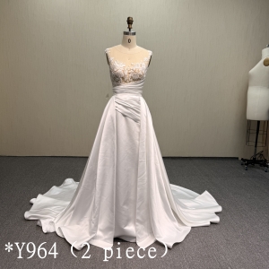 Y964 Modern Sleeveless Satin Wedding Dress with Floral Lace Appliques