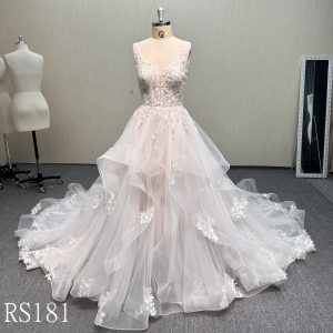 RS181 Flowy Multi-Layer Tulle Dress with Scalloped Lace Hem and Sweep Train