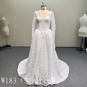 W183 Elegant 3-Piece Sweetheart Lace A-Line Wedding Dress.