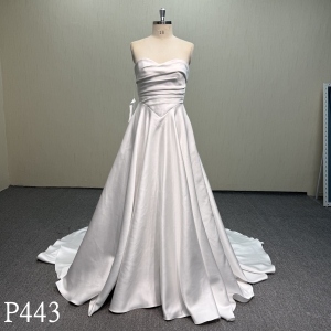 P443 Classic V-Waist Pleated Satin Gown with Sweep Train.