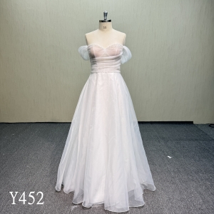 Y452 Ethereal A-Line Tulle Gown with Pearl-Beaded Trim, Sheer Ruched Bodice, and Billowy Draped Sleeves