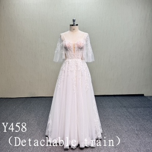 Y458 Dreamy A-Line Bridal Gown with Floral Lace Motifs, Illusion Corset Bodice, Detachable Sleeves and Detachable Train