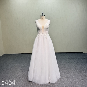 Y464 Sleeveless Plunging V-Neck Bridal Gown with Embroidered Lace Bodice and Floor-Length Shimmer Tulle Skirt (No Train)