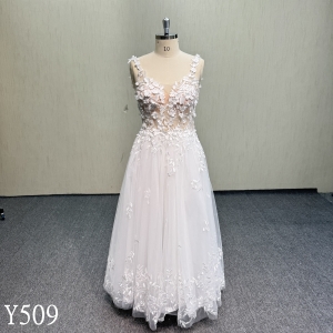 Y509 Sleeveless V-Neck Bridal Gown with 3D Lace Embroidery, Wide Straps, and Flowing Tulle Skirt (No Train)
