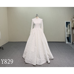 Y829 Modest Muslim Wedding Dress with High Mock Neck, Long Puff Sleeves, Full Lace Overlay, and Button-Down Back