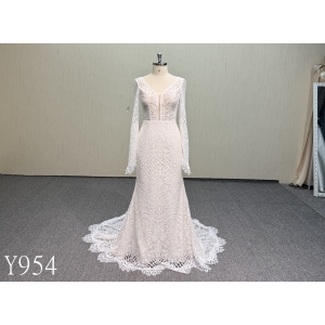 Y954 Bohemian V-Neck Wedding Dress with Sheer Long Sleeves, Allover Geometric Lace, Fit-and-Flare Silhouette and Scalloped Train