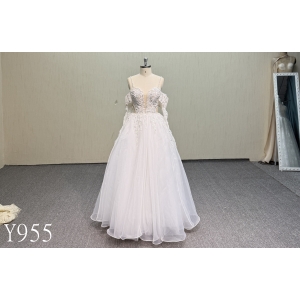 Y955 Hand-Beaded V-Neck Floor-Length Wedding Dress with Off-Shoulder Tulle Sleeves, Lace-Up Corset Back and Shimmer A-Line Skirt